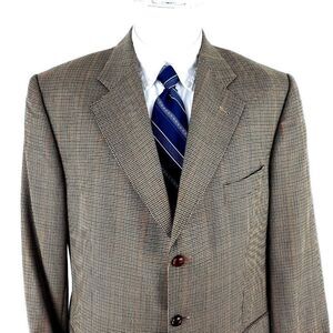 Burberry London Wool 3 Leather Button Sport Coat 42R Brown Houndstooth Windowpan